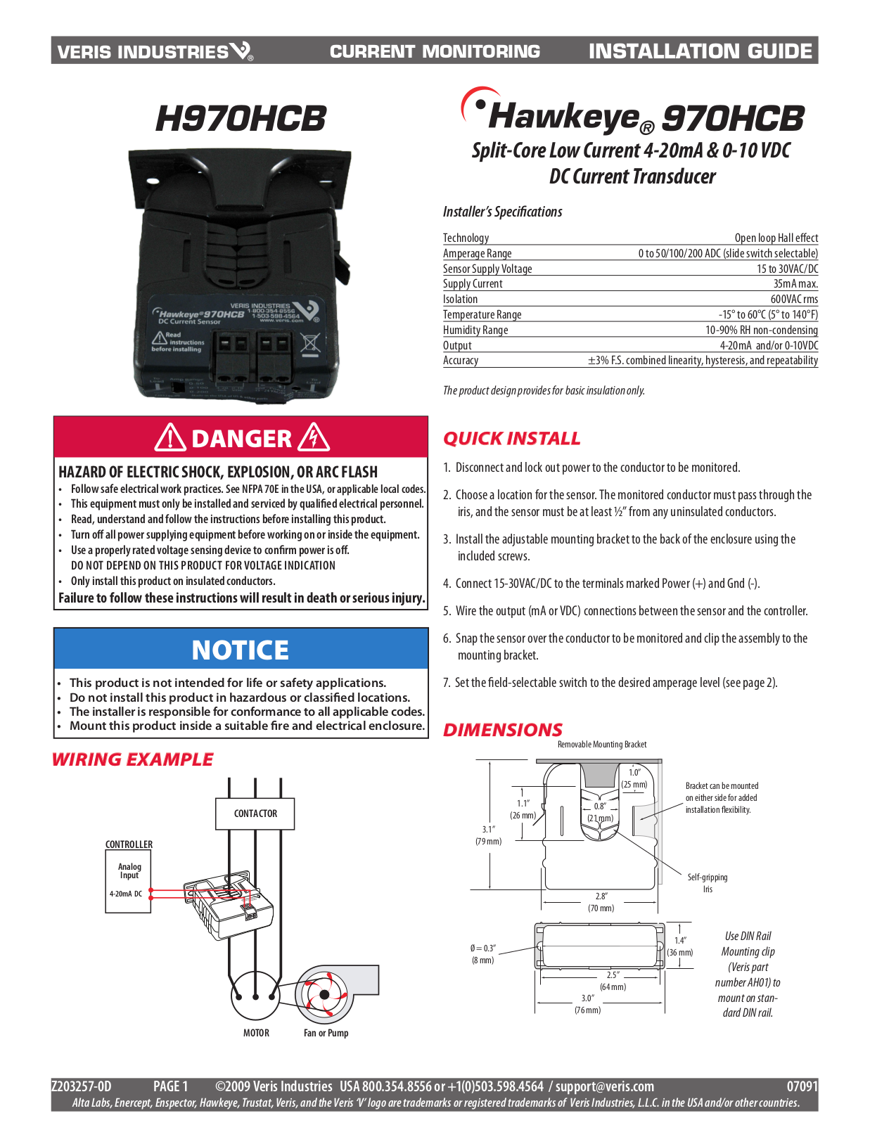 Veris H970HCB Installation Instructions