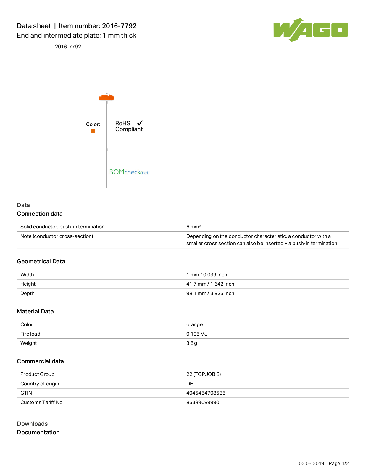 Wago 2016-7792 Data Sheet