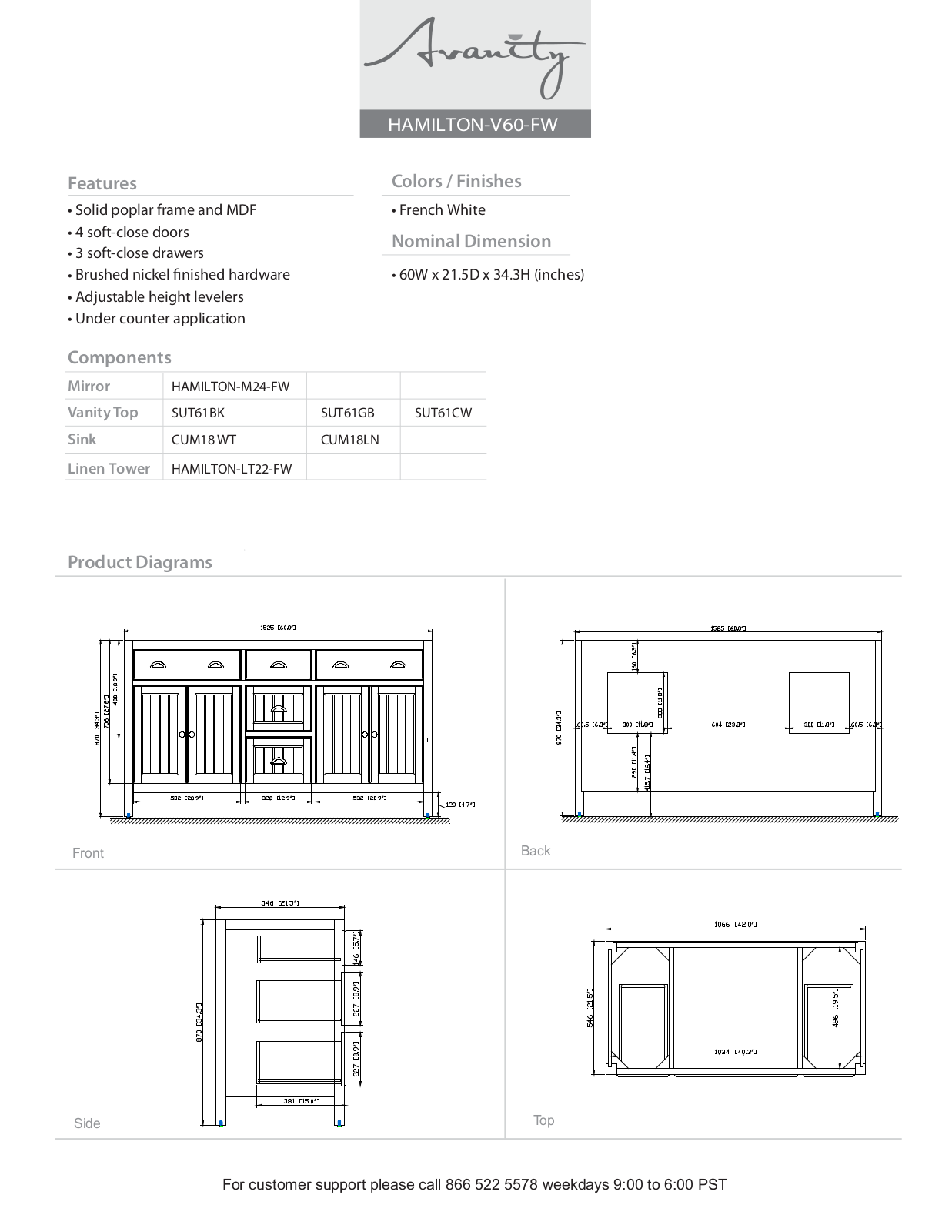 Avanity HAMILTONV60FW, HAMILTONVS60FWC, HAMILTONVS60FWB, HAMILTONVS60FWA Specifications