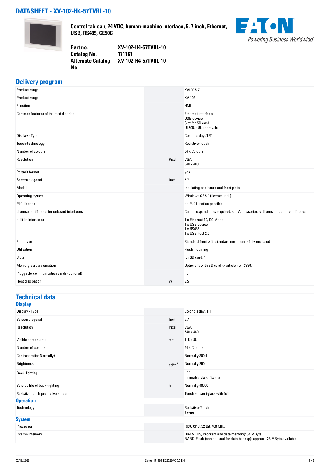 Cutler Hammer, Div of Eaton Corp XV-102-H4-57TVRL-10 Data Sheet