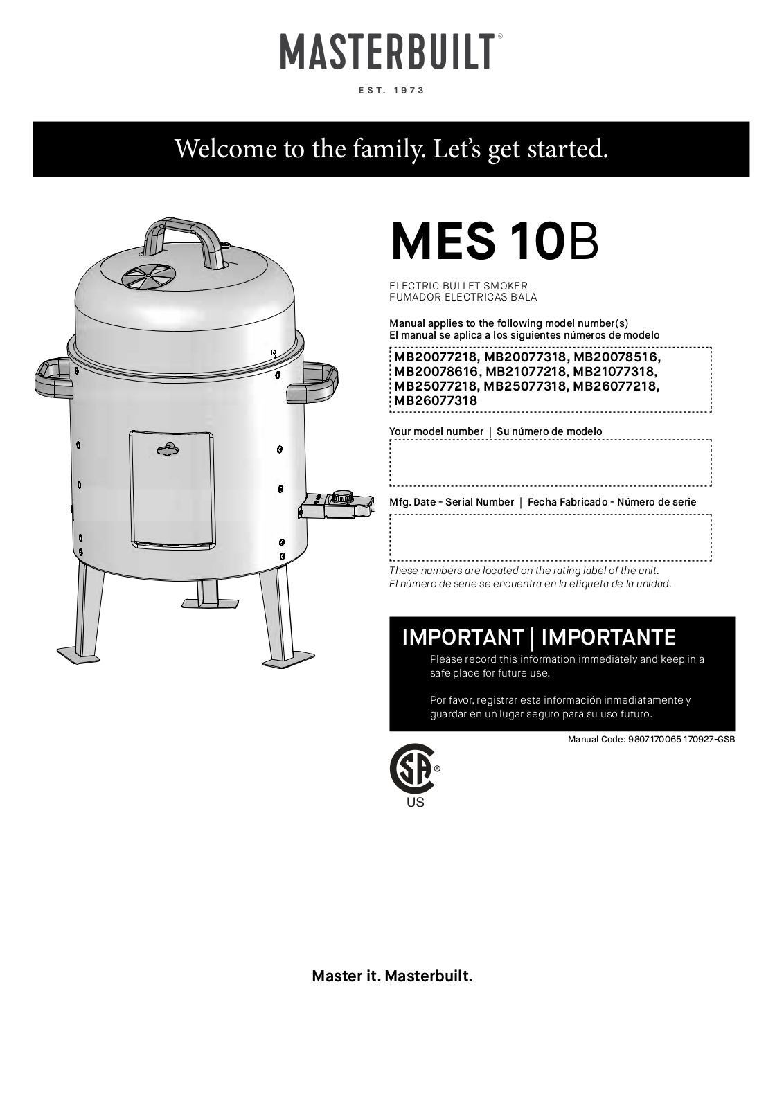 Masterbuilt MB20077218, MB20078516, MB20077318, MES 10B, MB20078616 User Manual