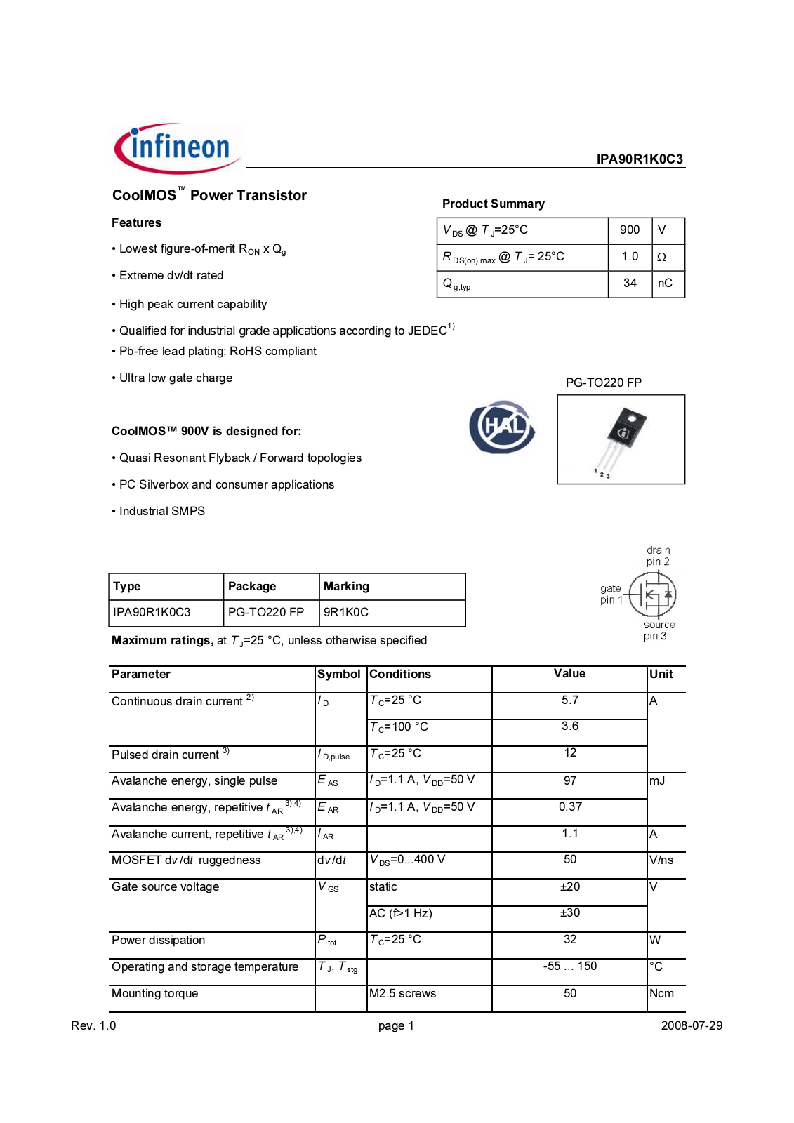 Datasheet ipa90r1k0c3_1.0 Datasheet - ManualMachine.com