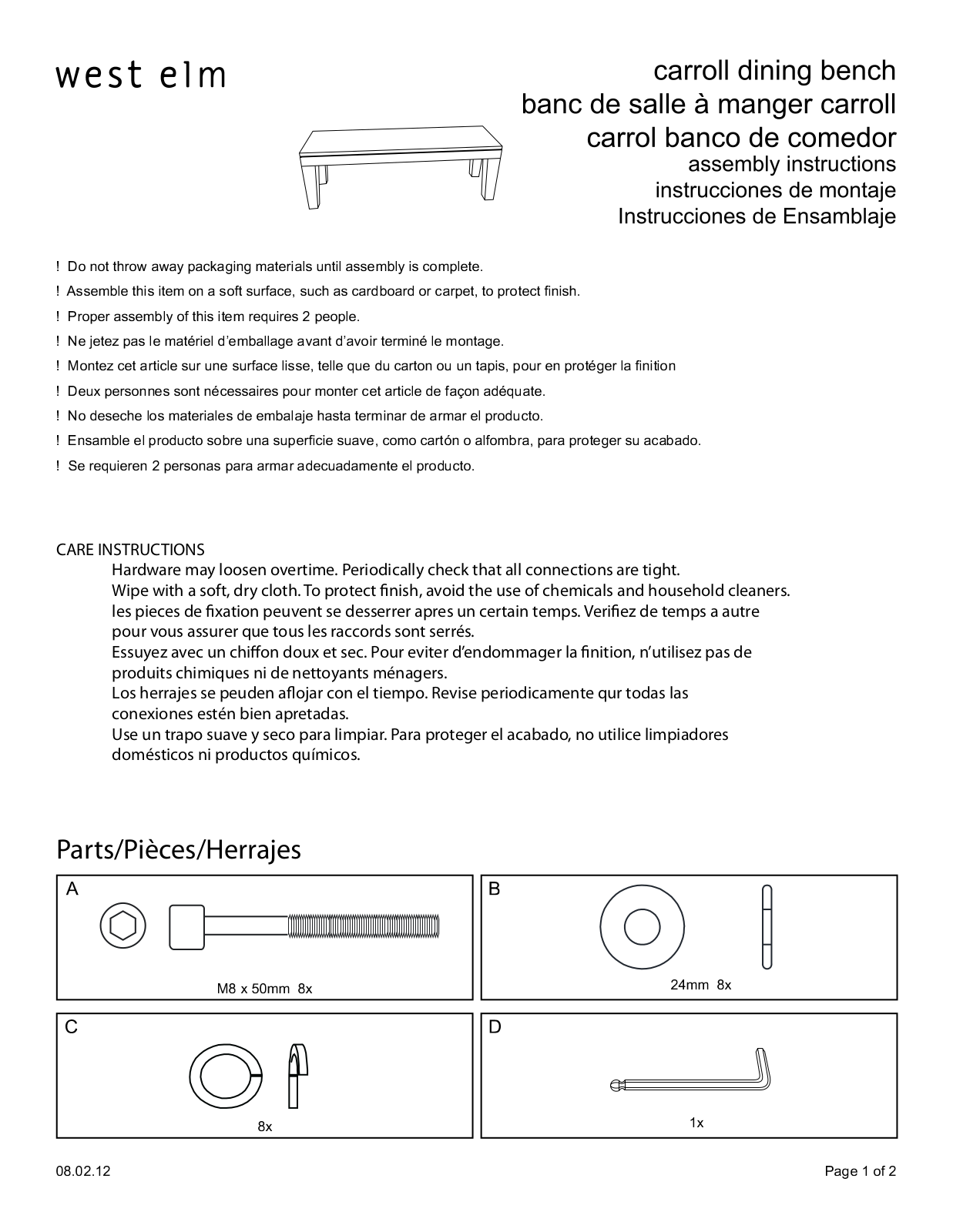 West Elm Carroll Bench Assembly Instruction