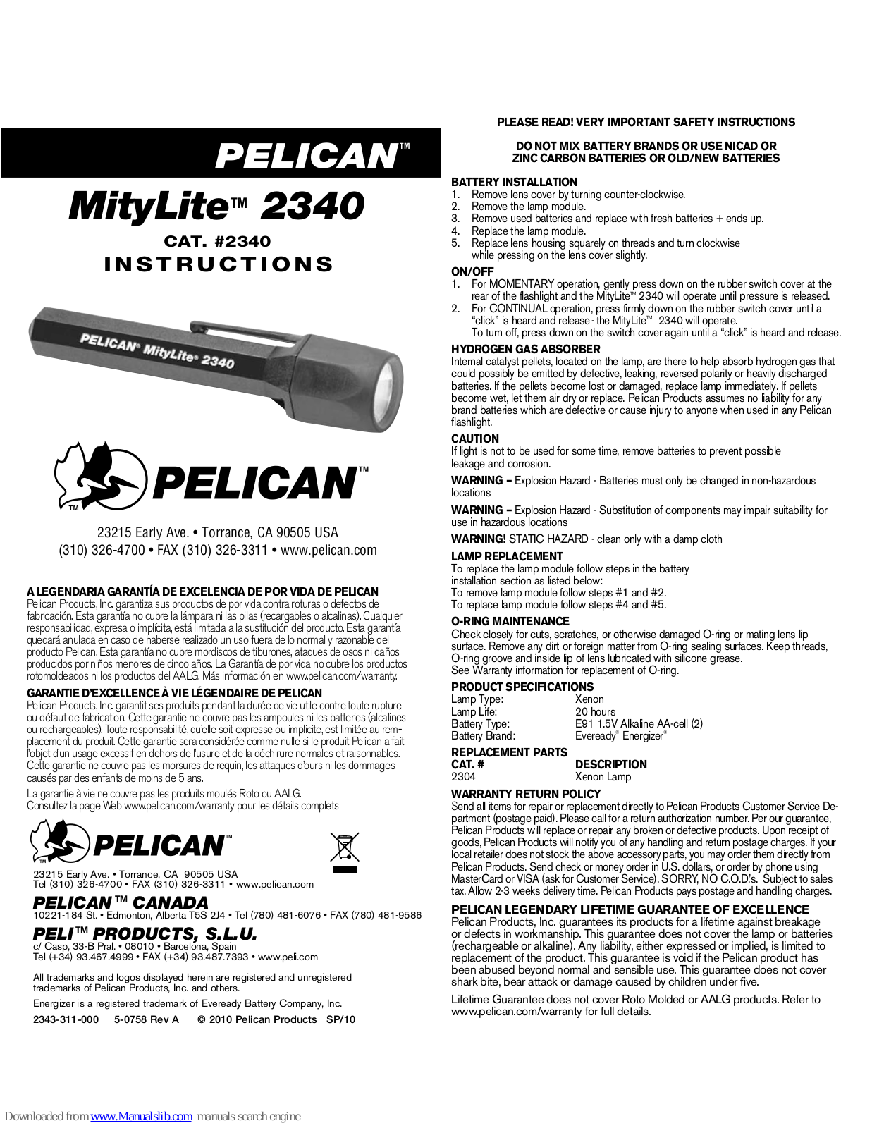 Pelican MityLite 2340 Instructions Manual