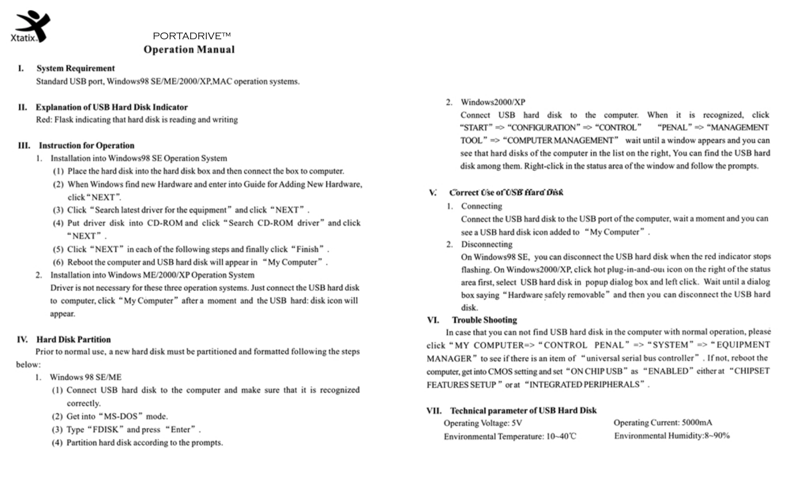 Xtatix PORTADRIVE User Manual