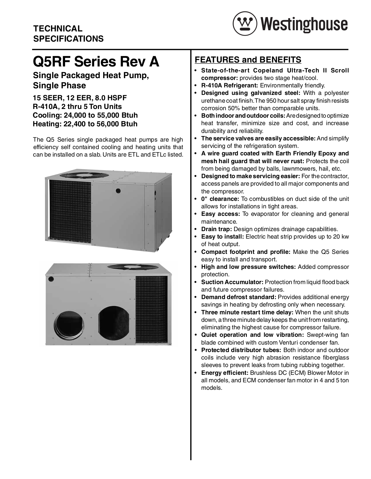 Westinghouse 15 SEER, 8 HSPF Q5RF Packaged Technical Literature