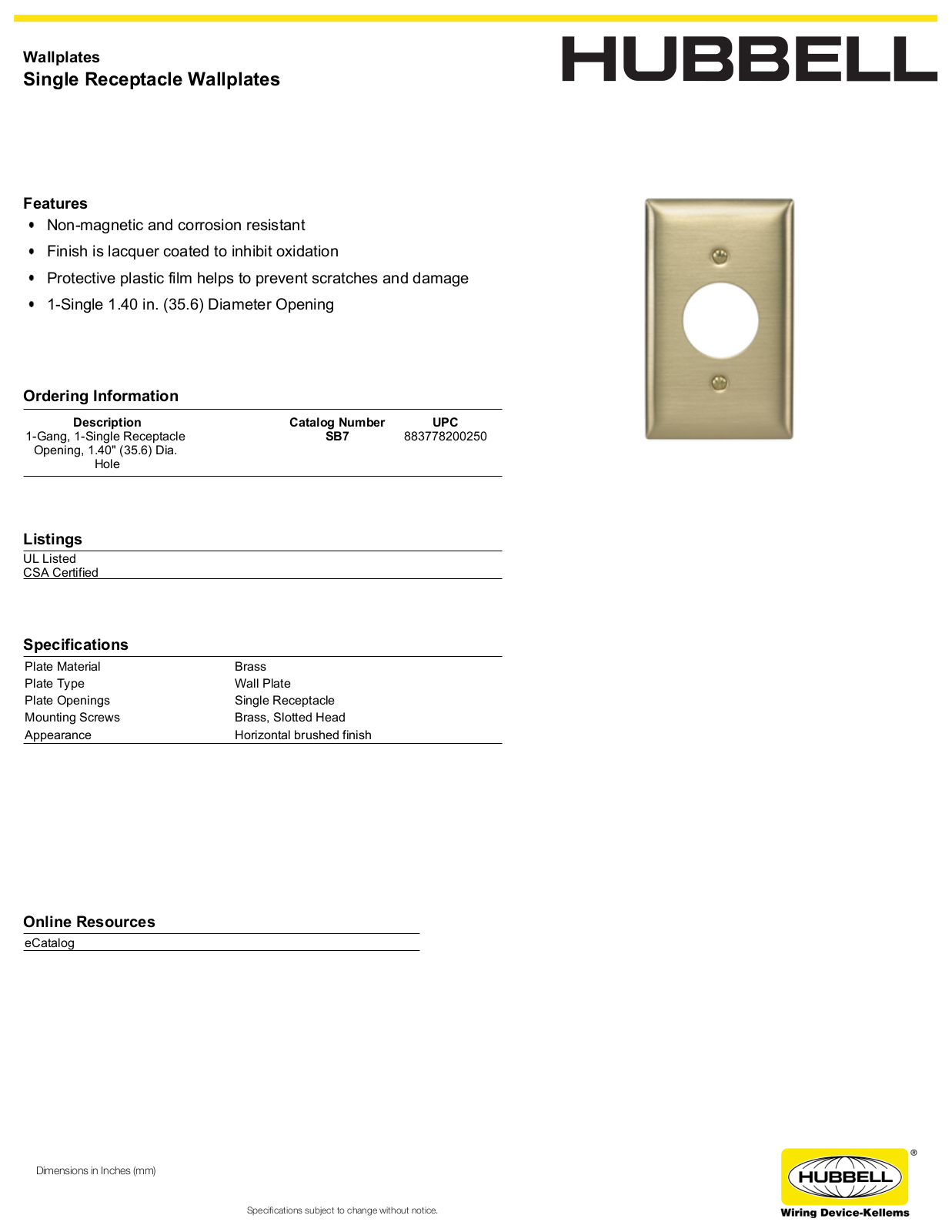 Hubbell SB7 Specifications