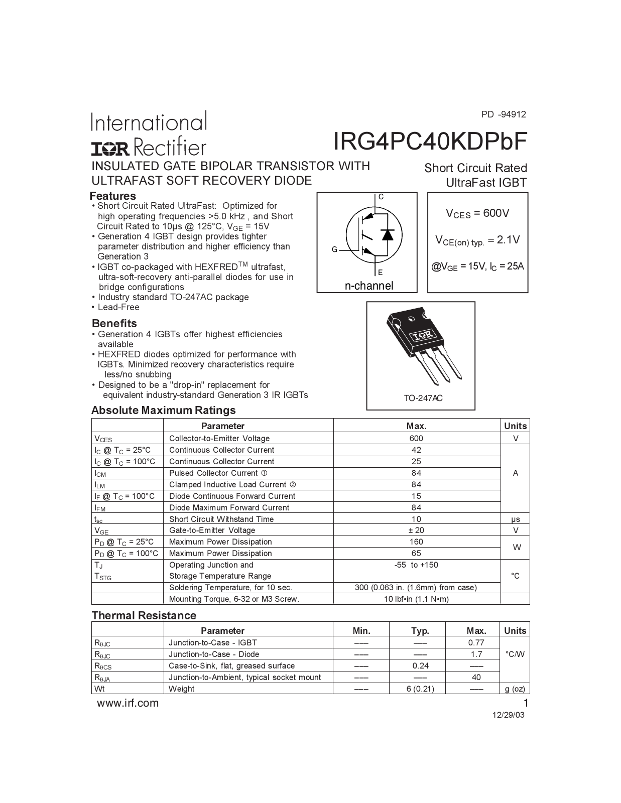 Datasheet IRG4PC40KDPBF Specification - ManualMachine.com