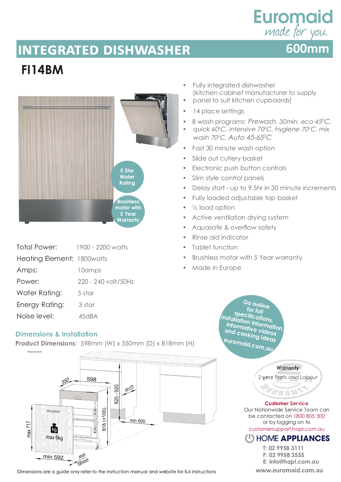 Euromaid FI14BM Specifications Sheet