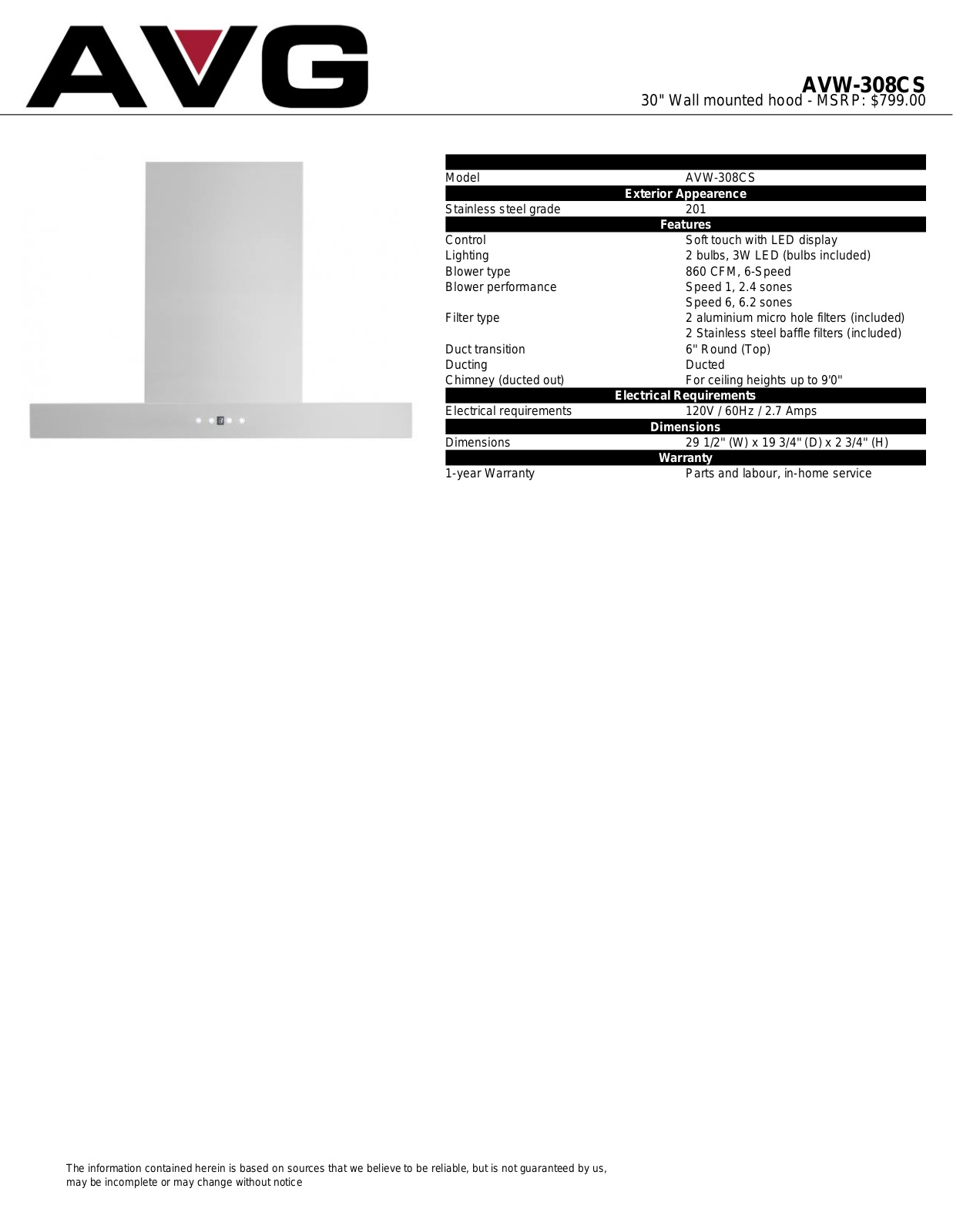 AVG AVW308CS Specification