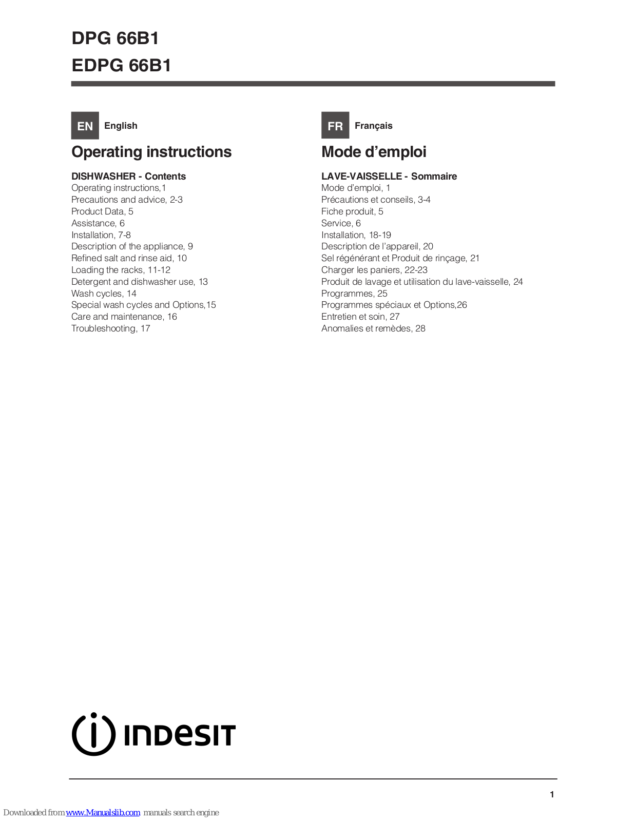 Indesit DPG 66B1, DPG 16B1 Operating Instructions Manual