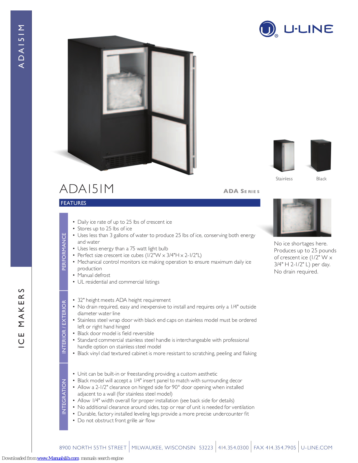 U-Line ADA151M, ADA151MS, ADA151MB Features And Specifications