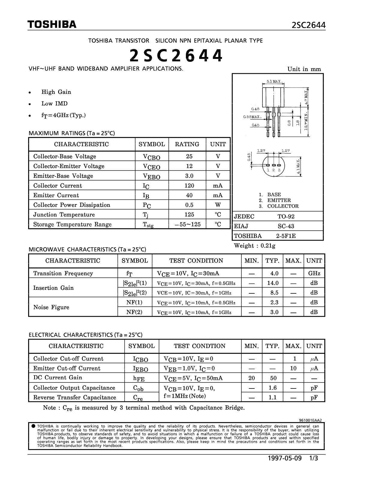 Toshiba 2SC2644 Datasheet