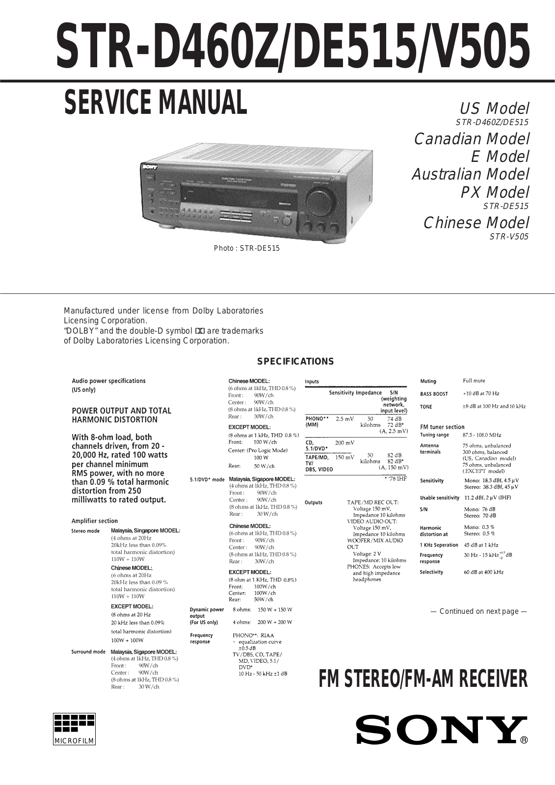 SONY STR D460Z Service Manual