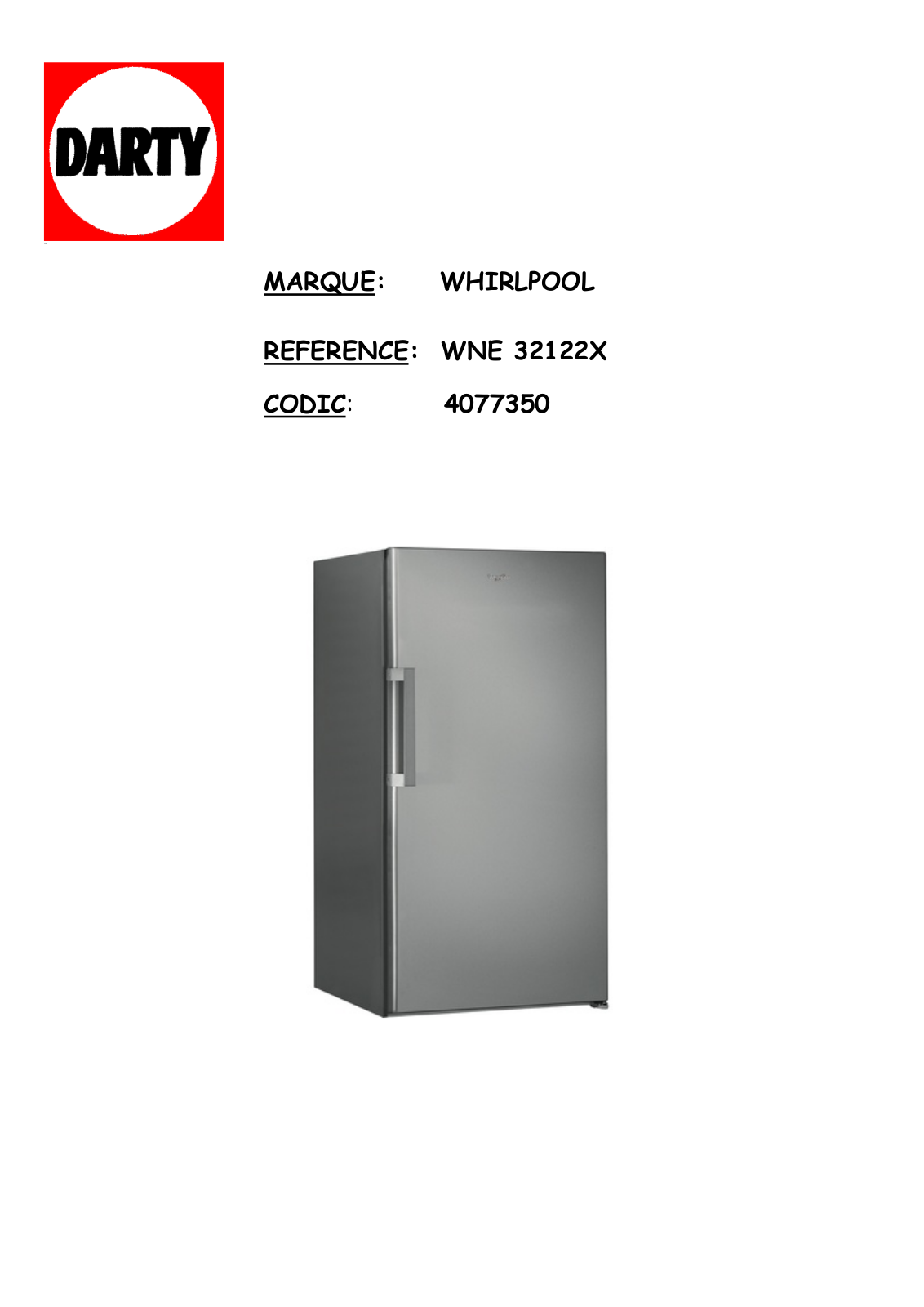 Whirlpool WNE 32122X PRODUCT SHEET