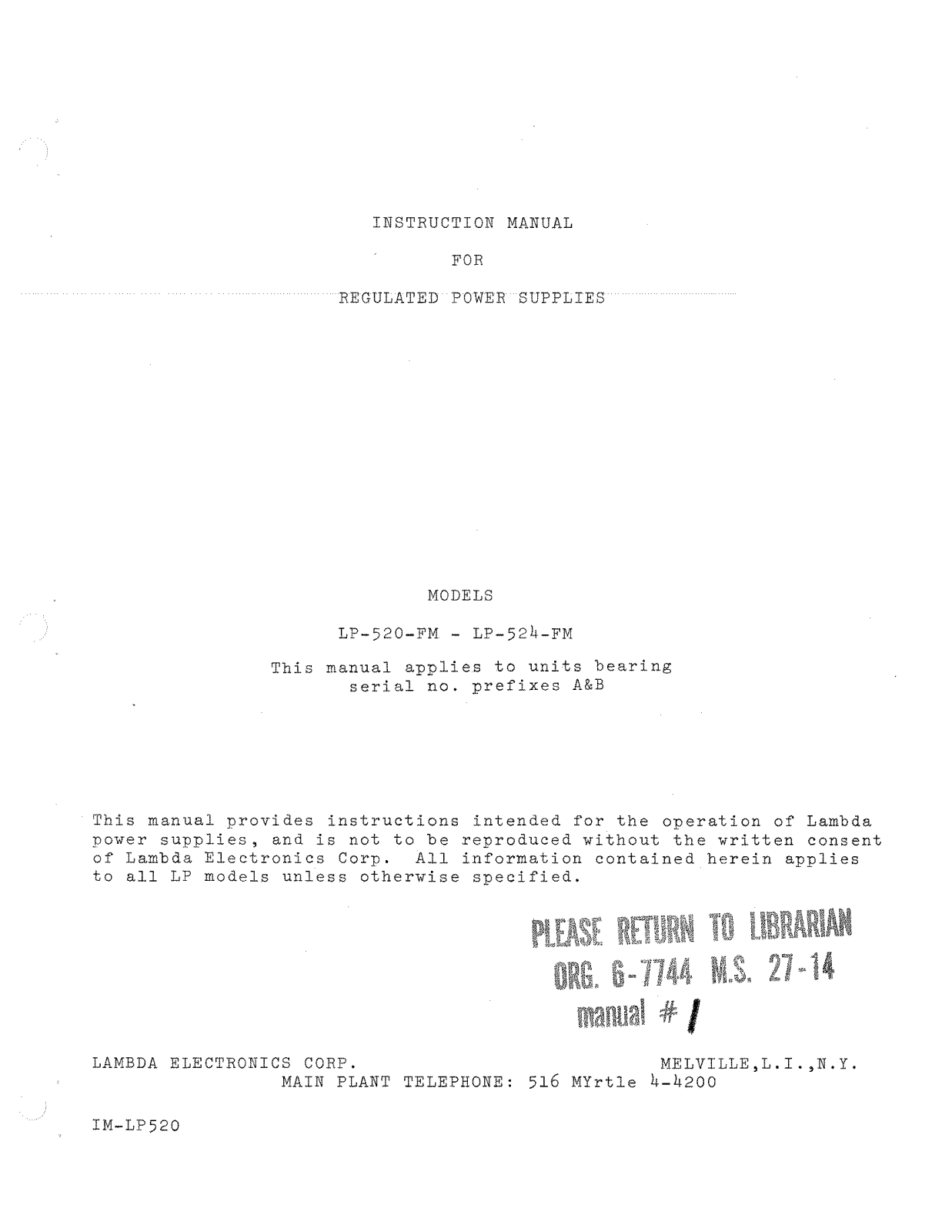 Lambda LP-524-FM, LP-520-FM Instruction Manual