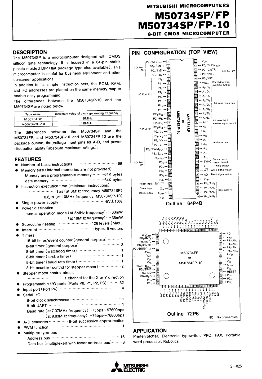 Mitsubishi M50734SP-10, M50734SP Datasheet