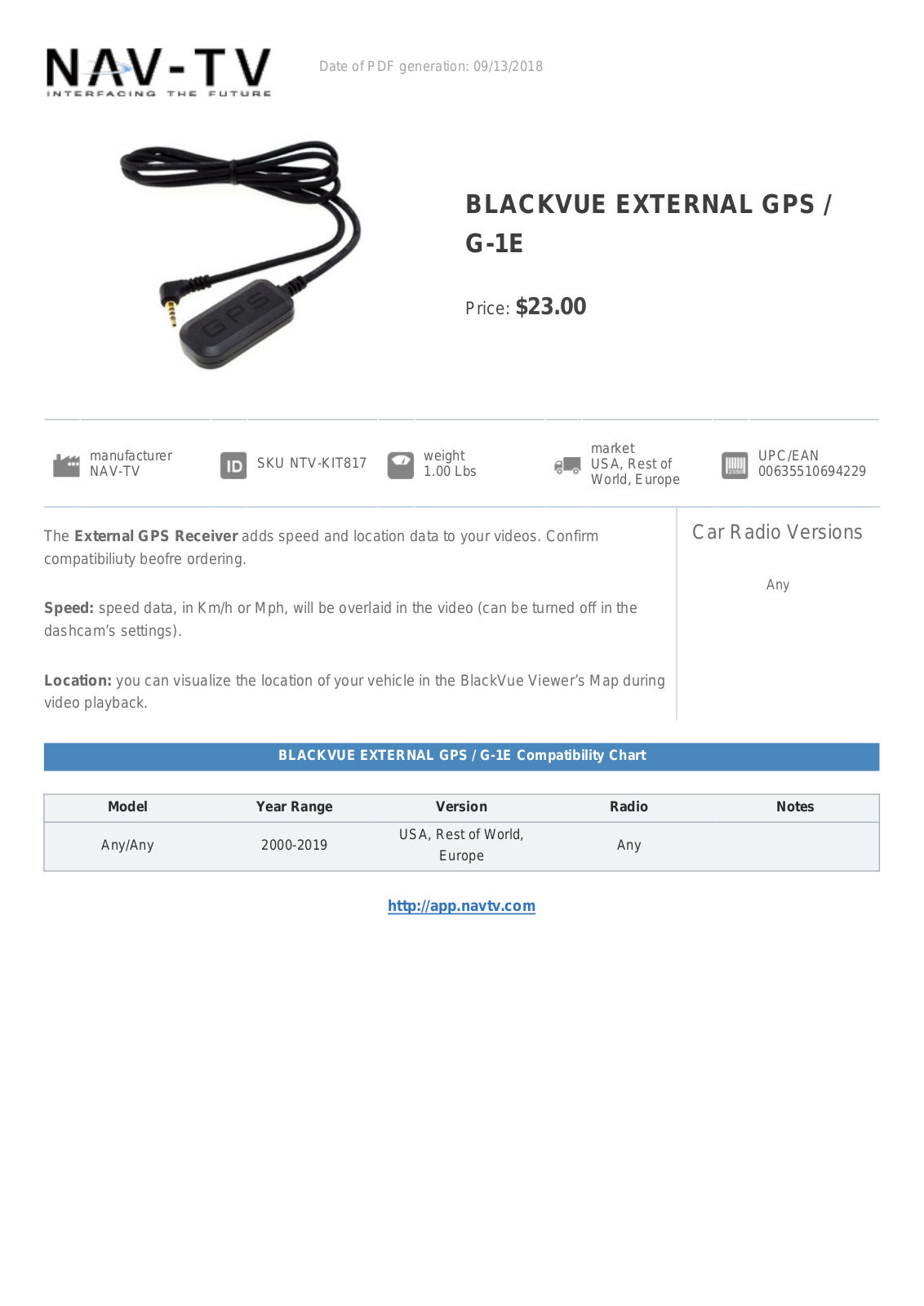 NAV-TV G-1E Specification Sheet