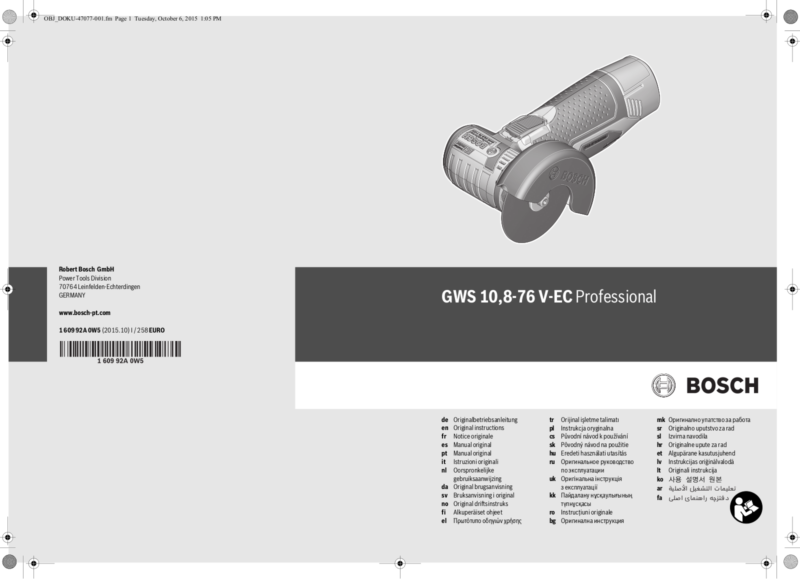 Bosch GWS 10.8-76 V-EC Professional User manual