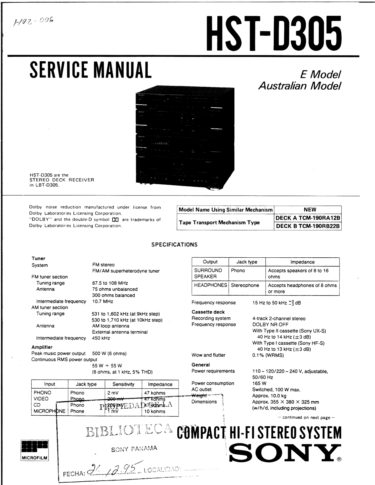 Sony HST-D305 User Manual