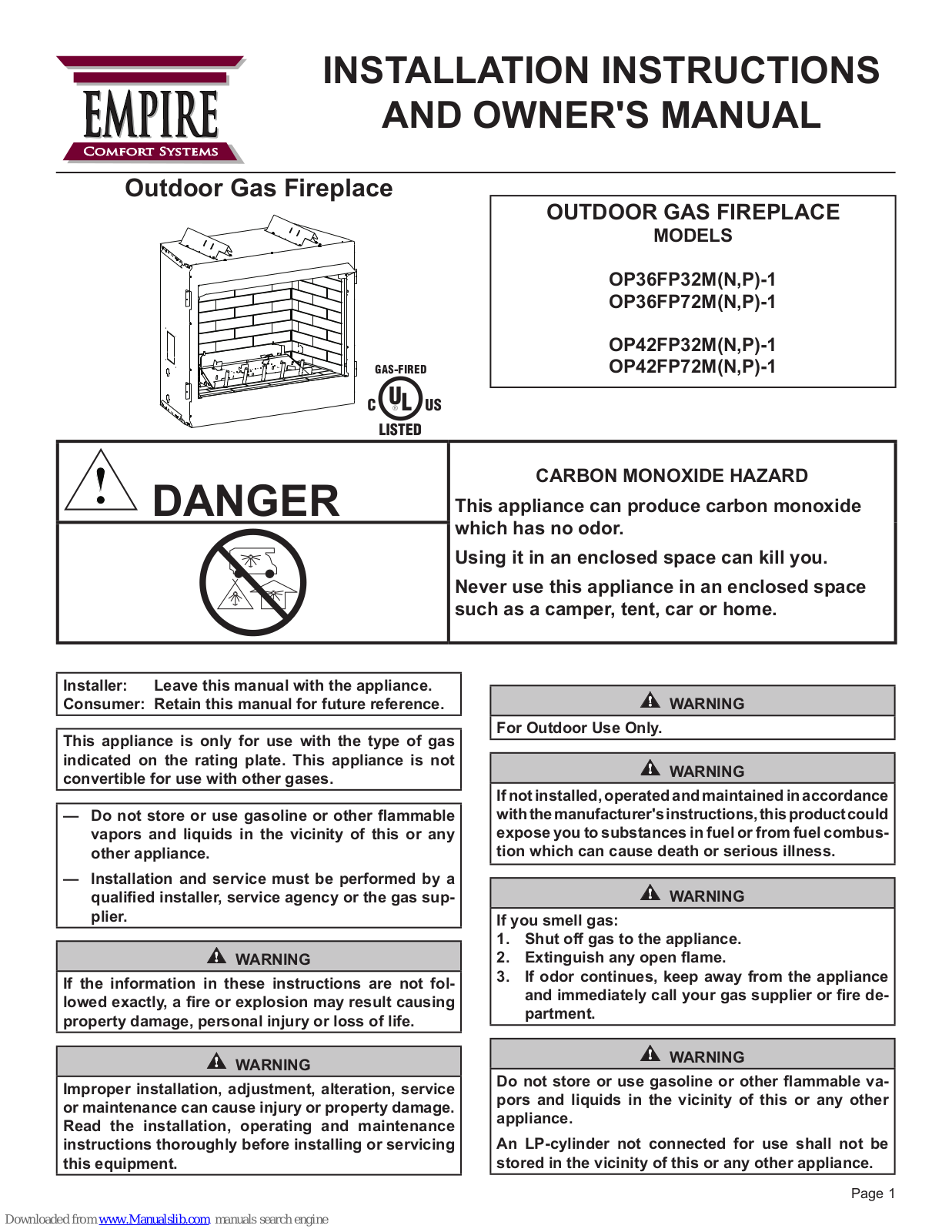 Empire Comfort Systems OP42FP32MP-1, OP36FP32MP-1, OP42FP72MN-1, OP42FP72MP-1, OP42FP32MN-1 Owner's Manual