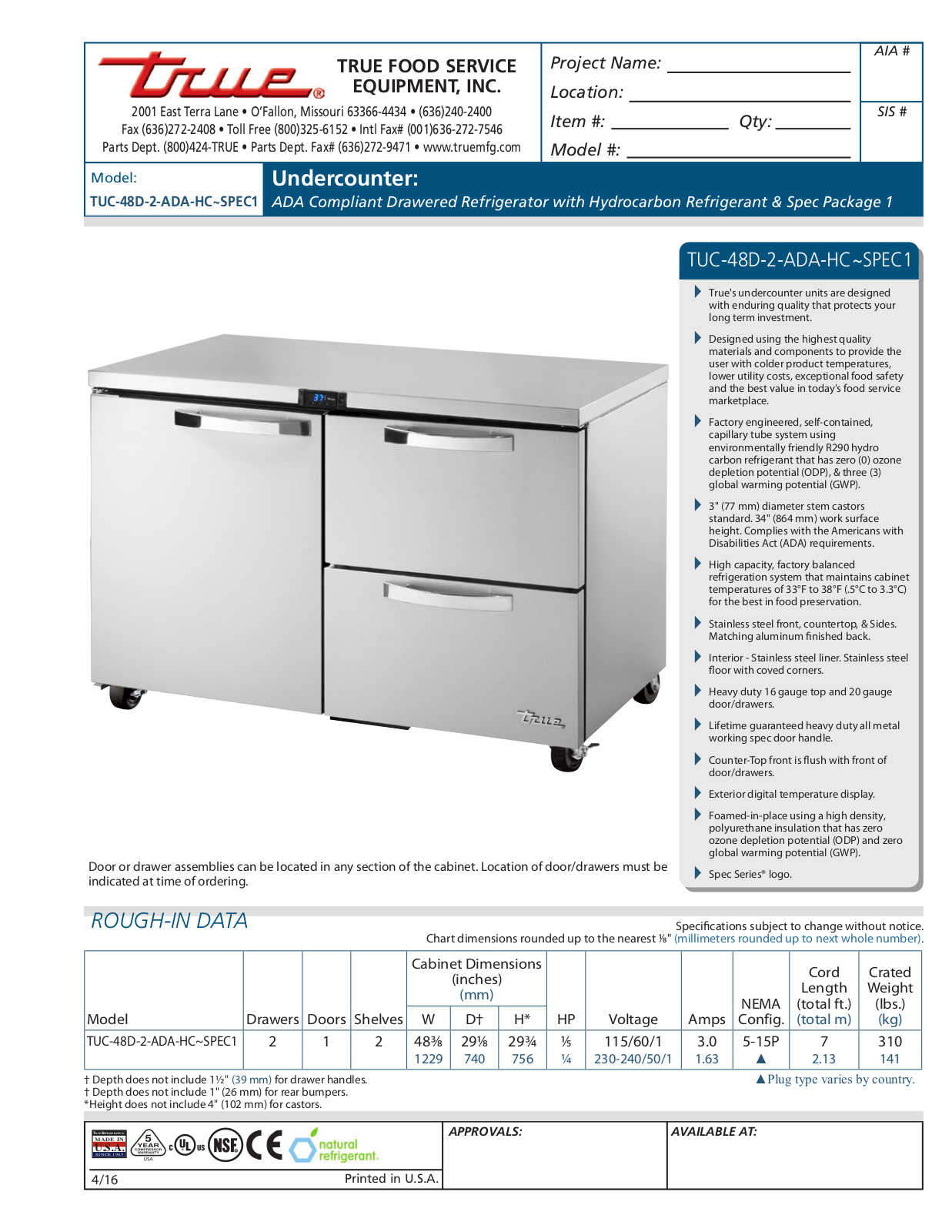 True Refrigeration TUC-48D-2-ADA-HC User Manual