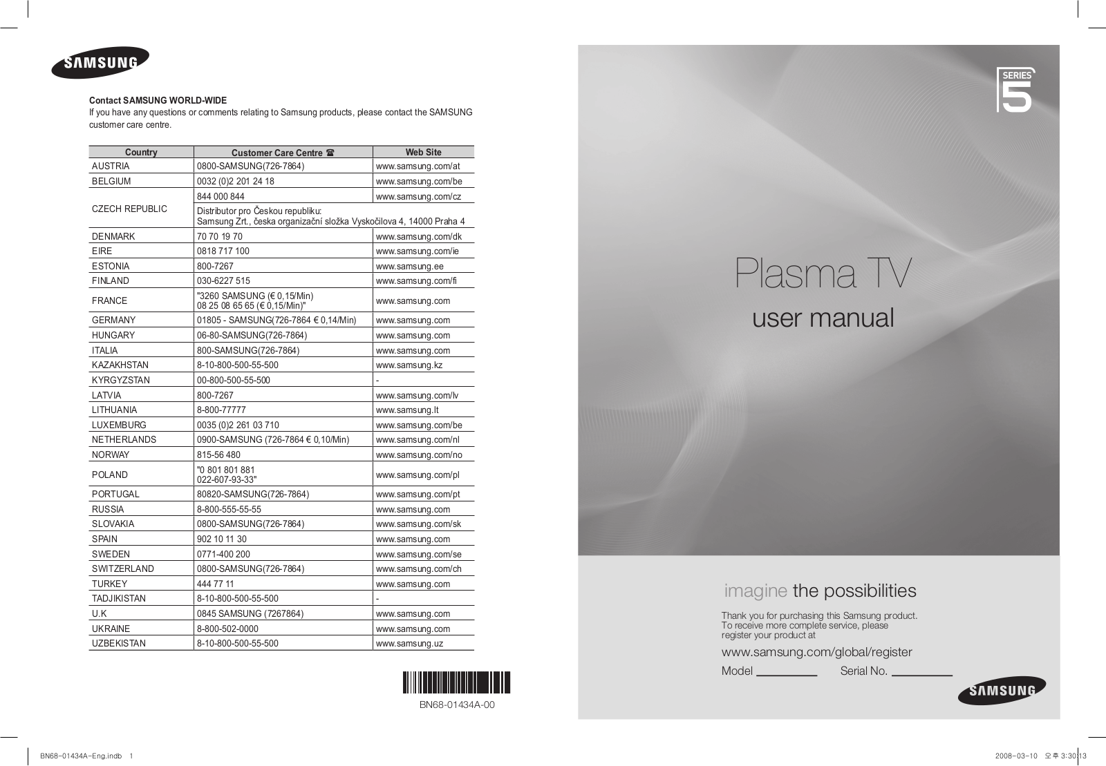 SAMSUNG PS50A551, PS50A558S1F, PS50A551S3R, PS50A550 User Manual