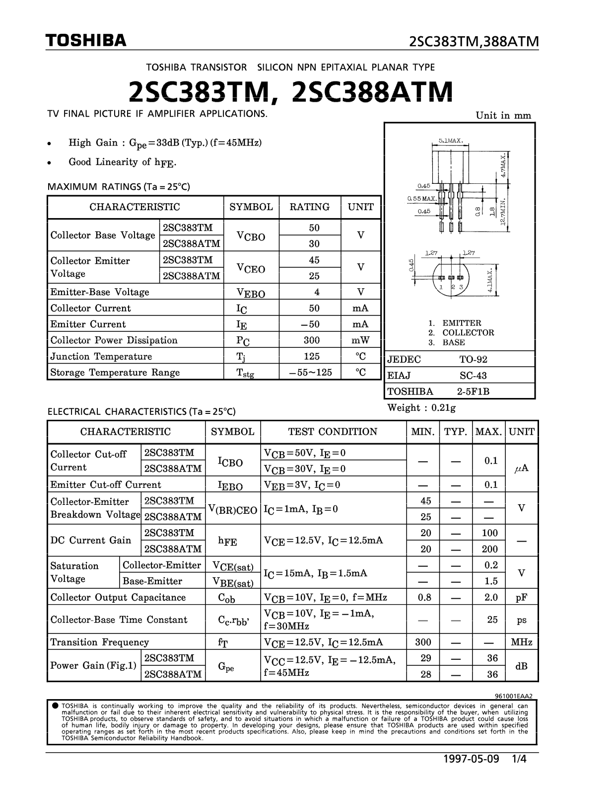 TOSHIBA 2SC383TM, 2SC388ATM Datasheet