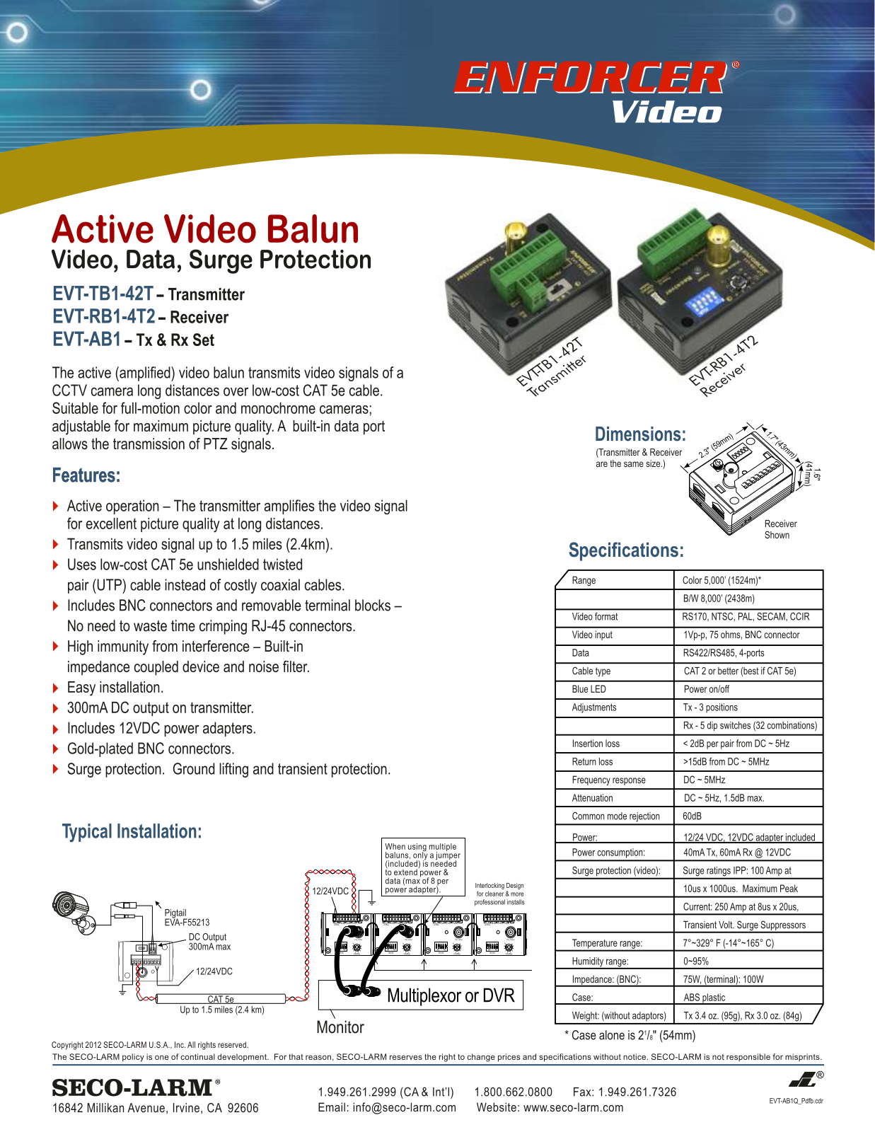 Seco-Larm EVT-AB1, EVT-RB1-4T2, EVT-TB1-42T Specsheet