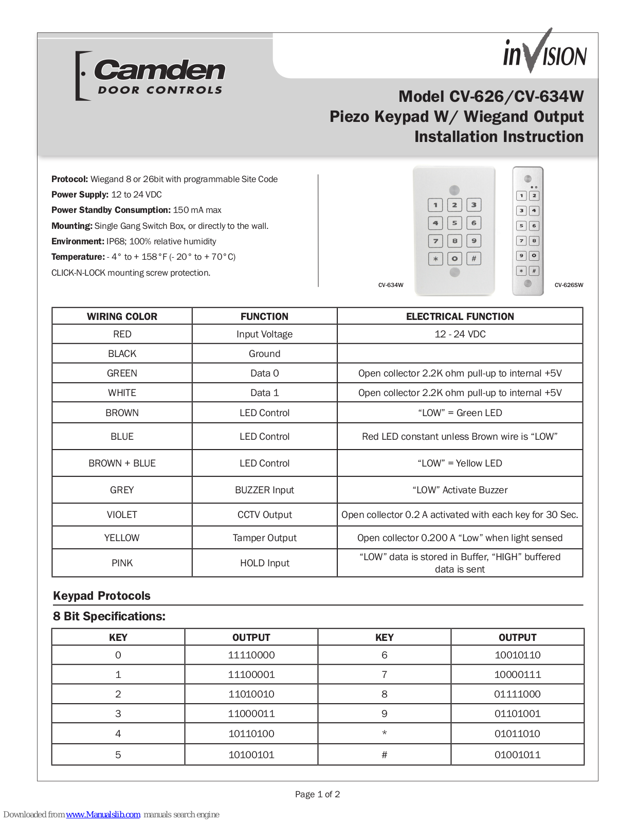 CAMDEN CV-626, CV-634W Installation Instruction