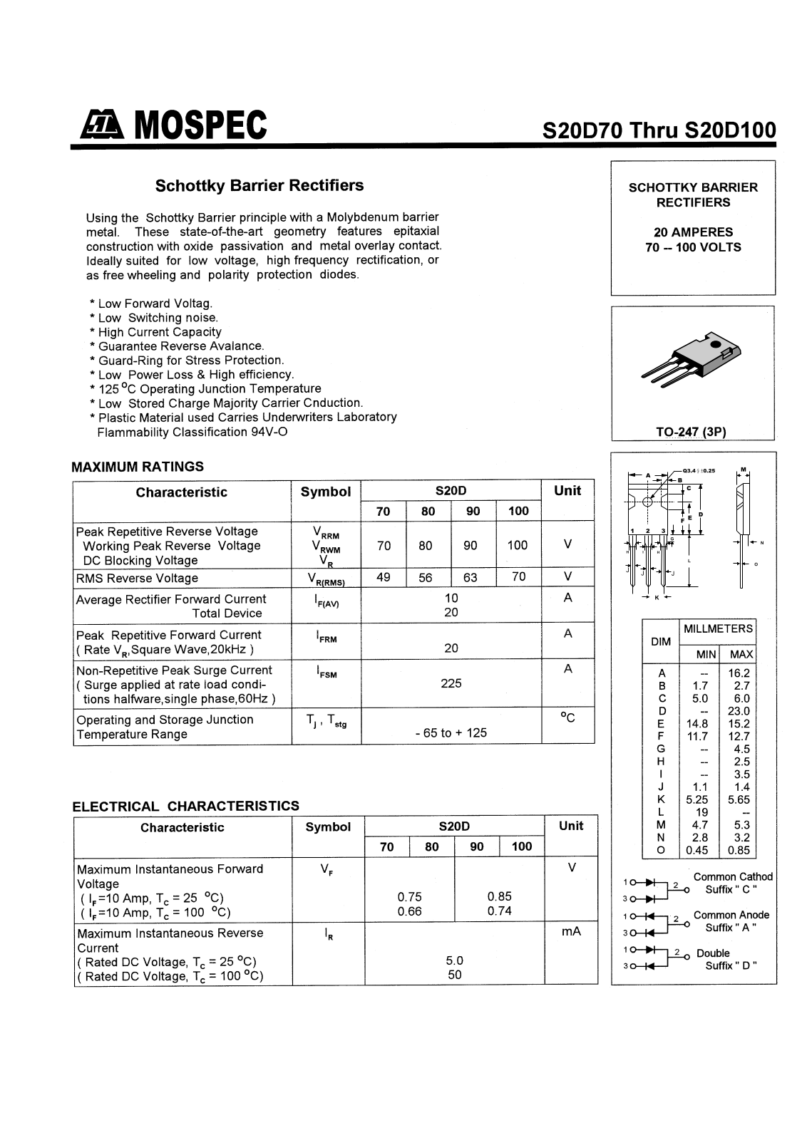 MOSPEC S20D100D, S20D70A, S20D70C, S20D100A, S20D100C Datasheet