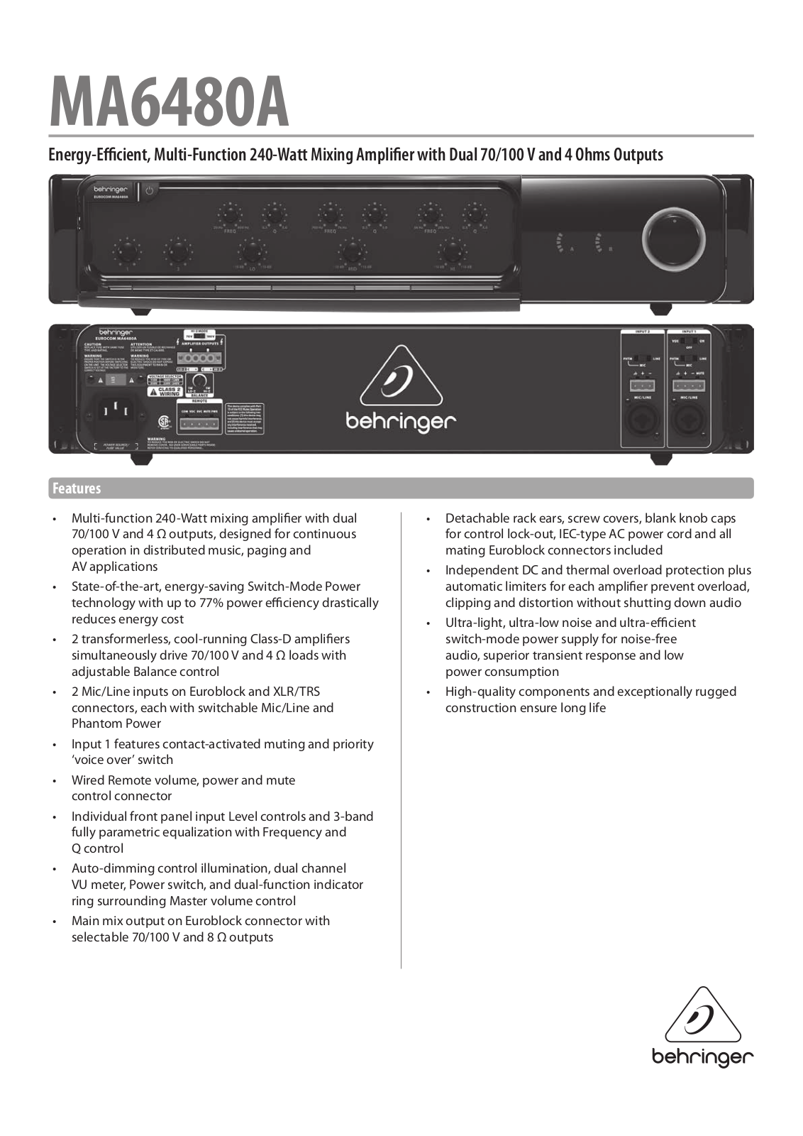 Behringer MA6480A Specification Sheet