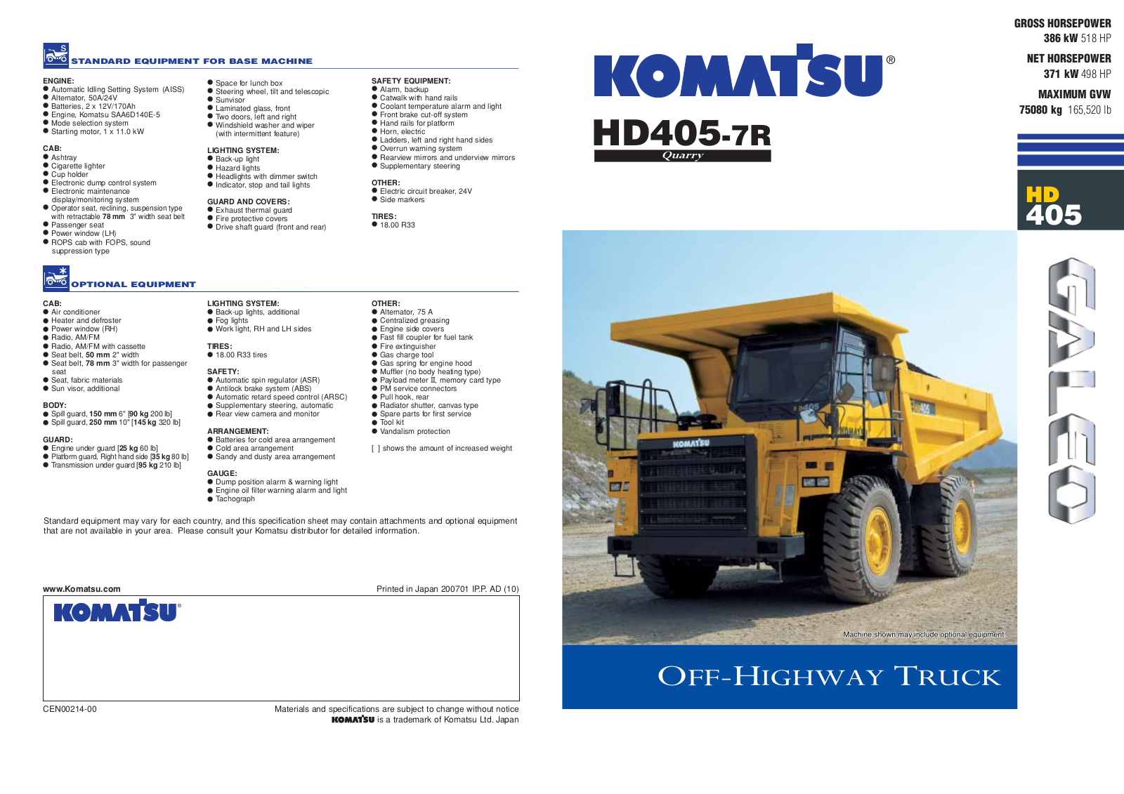 komatsu HD405-7R SPECIFICATIONS