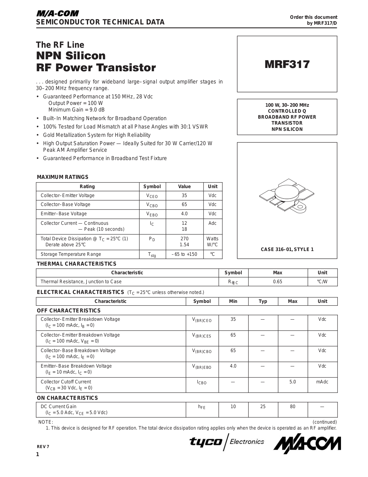 M A COM MRF317 Datasheet