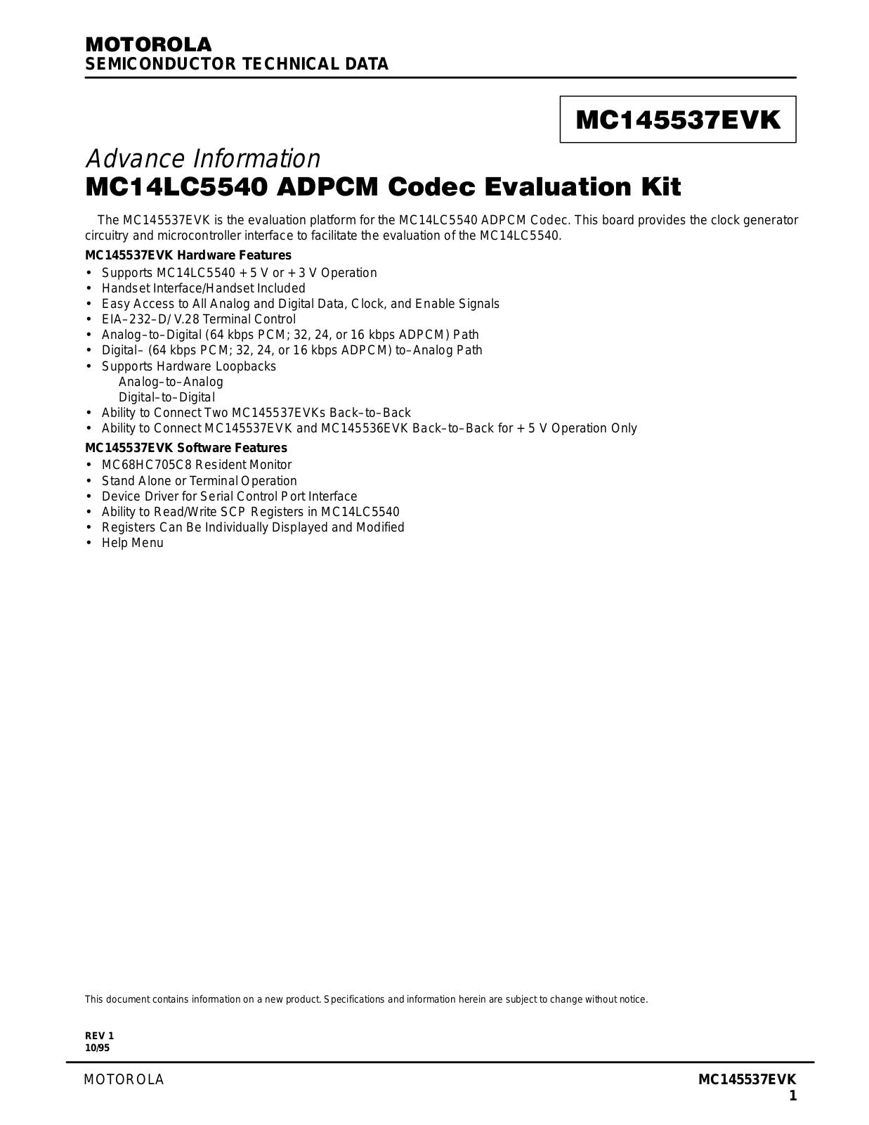 Motorola MC145537EVK Datasheet