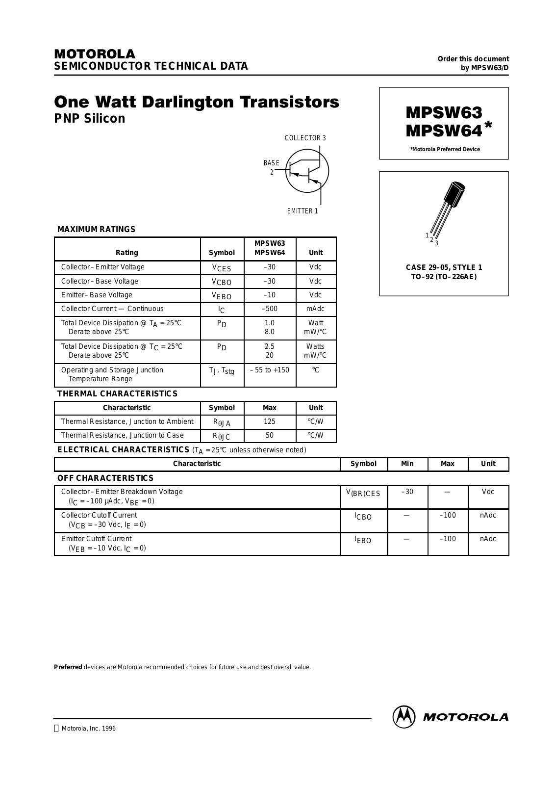 MOTOROLA MPSW63, MPSW63RLRA Datasheet