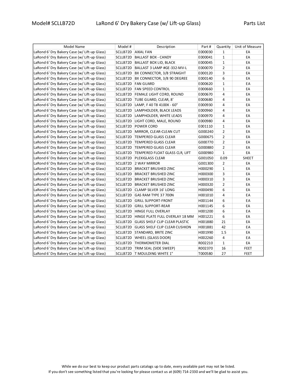 RPI Industries SCLLB72D Parts List