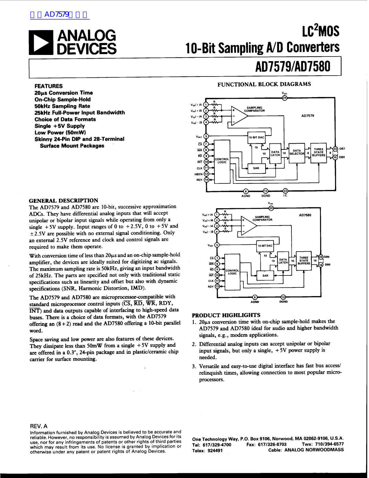 ANALOG DEVICES AD7579, AD7580 Service Manual