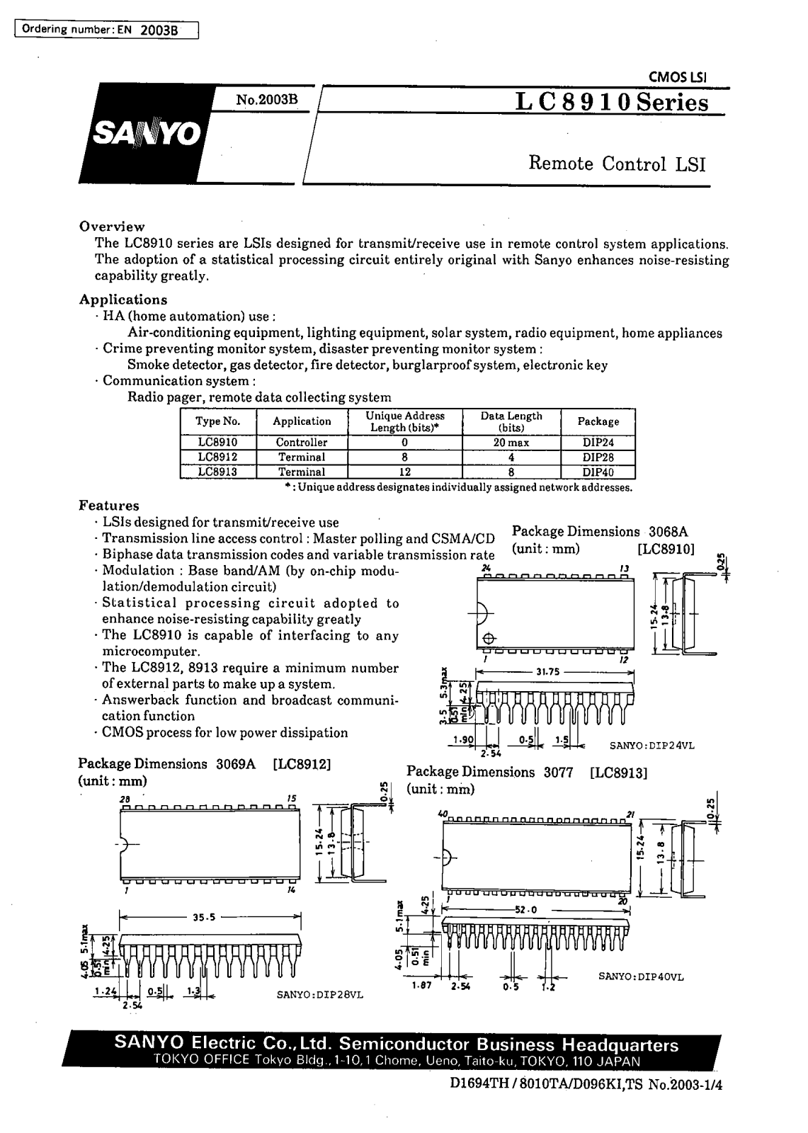 SANYO LC8910, LC8913, LC8912 Datasheet