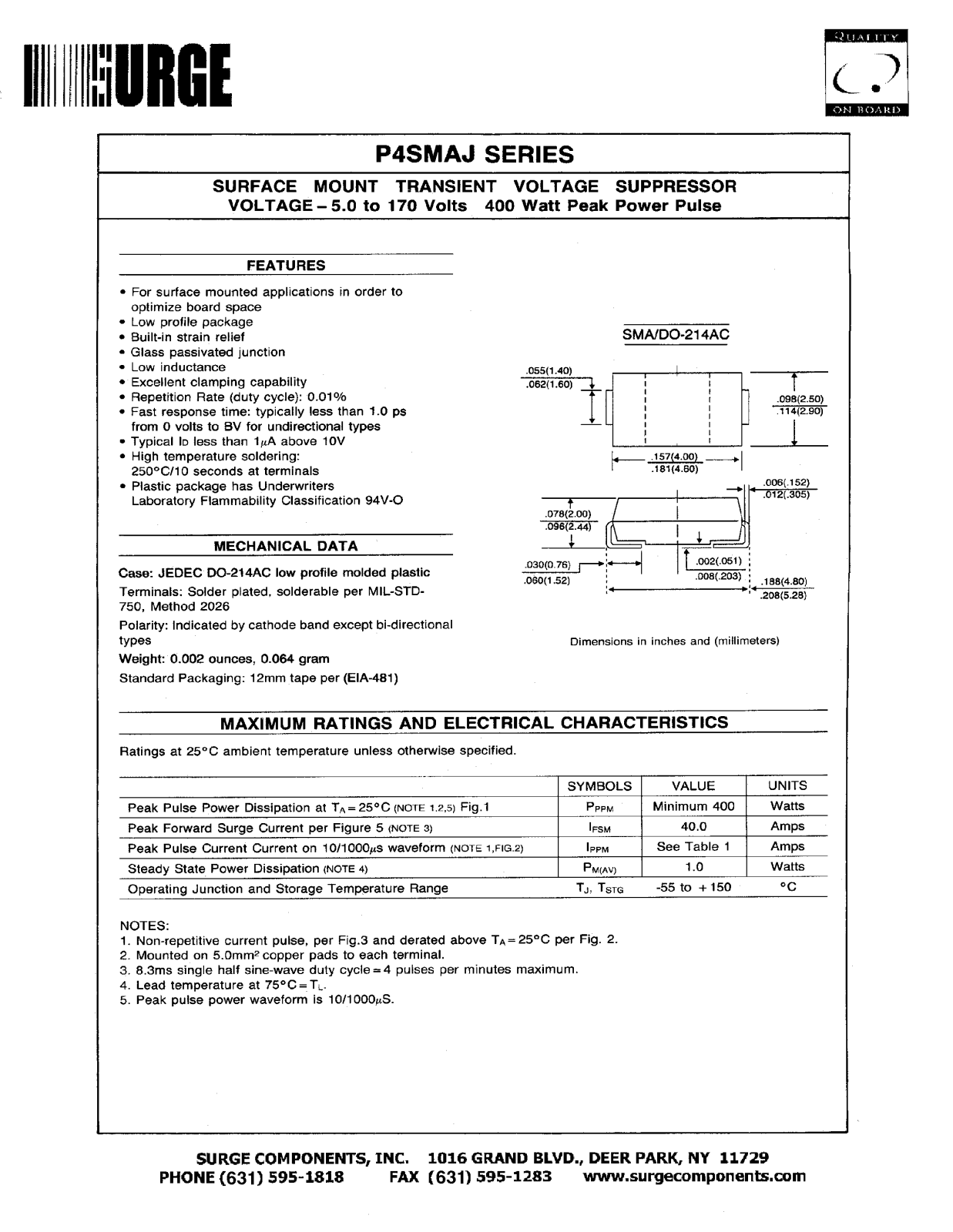 SURGE P4SMAJ14CA, P4SMAJ150CA, P4SMAJ15C, P4SMAJ170, P4SMAJ16C Datasheet