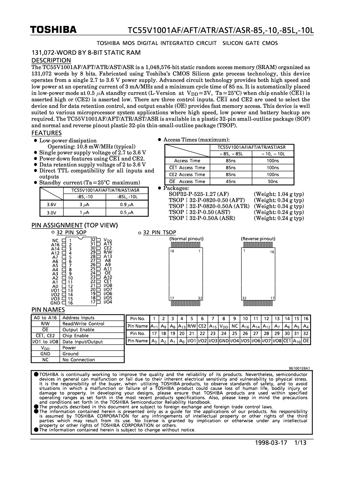 Toshiba TC55V1001AFT-10L, TC55V1001AFT-10, TC55V1001ATR-10 Datasheet