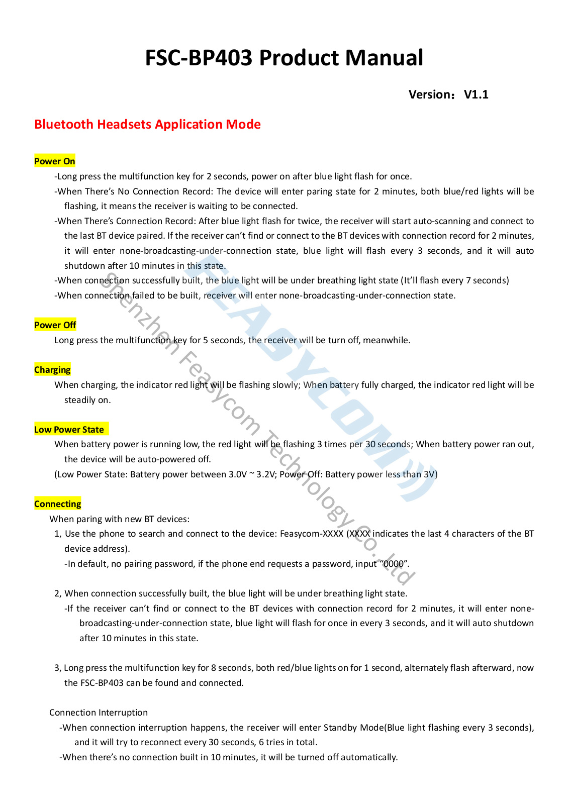 Feasycom FSC-BP403 Product Manual