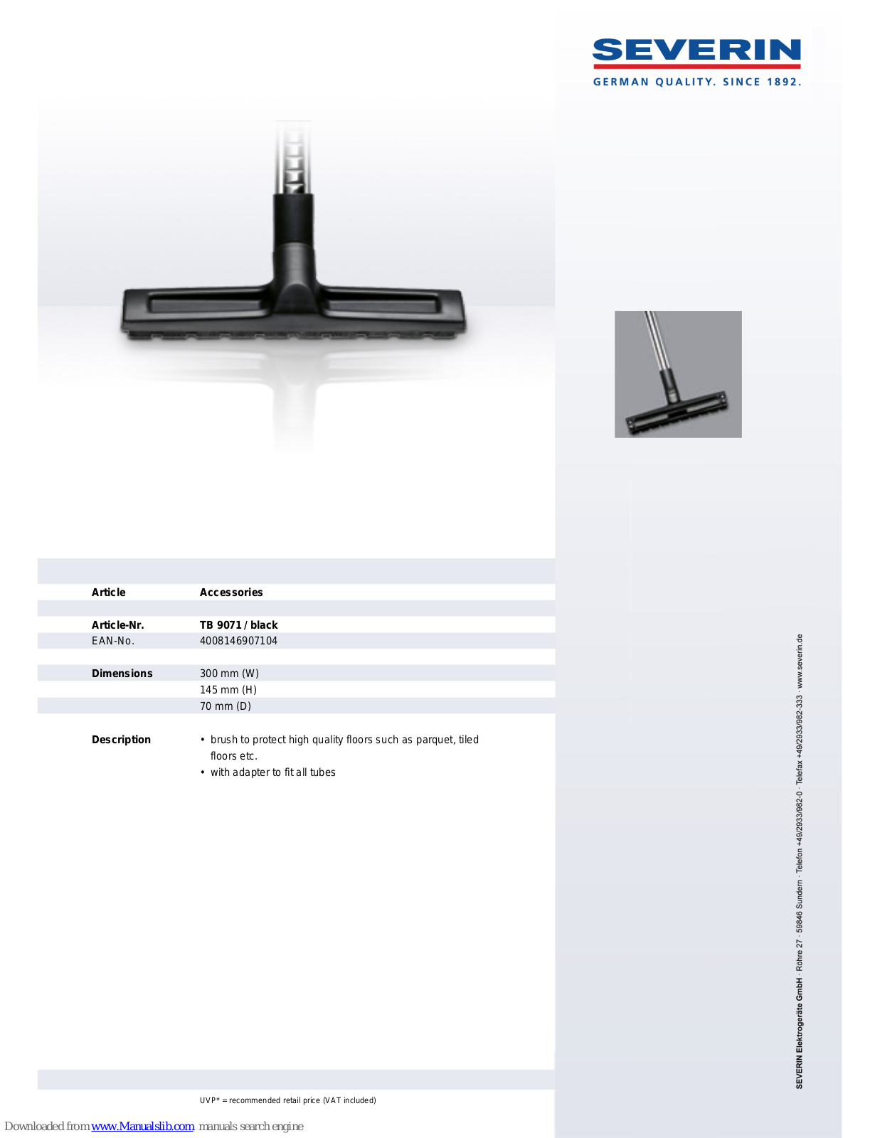 SEVERIN PARKETTBÜ, RSTE TB 9071, TB 9071 Dimensions