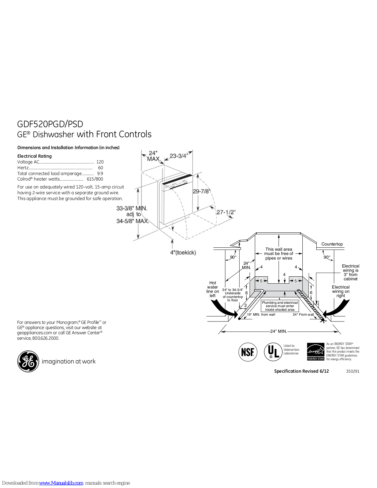 GE GDF520PSDSS, GDF520PGD, GDF520PSD, GDF520PGDWW, GDF520PGDBB Dimensions And Installation Information