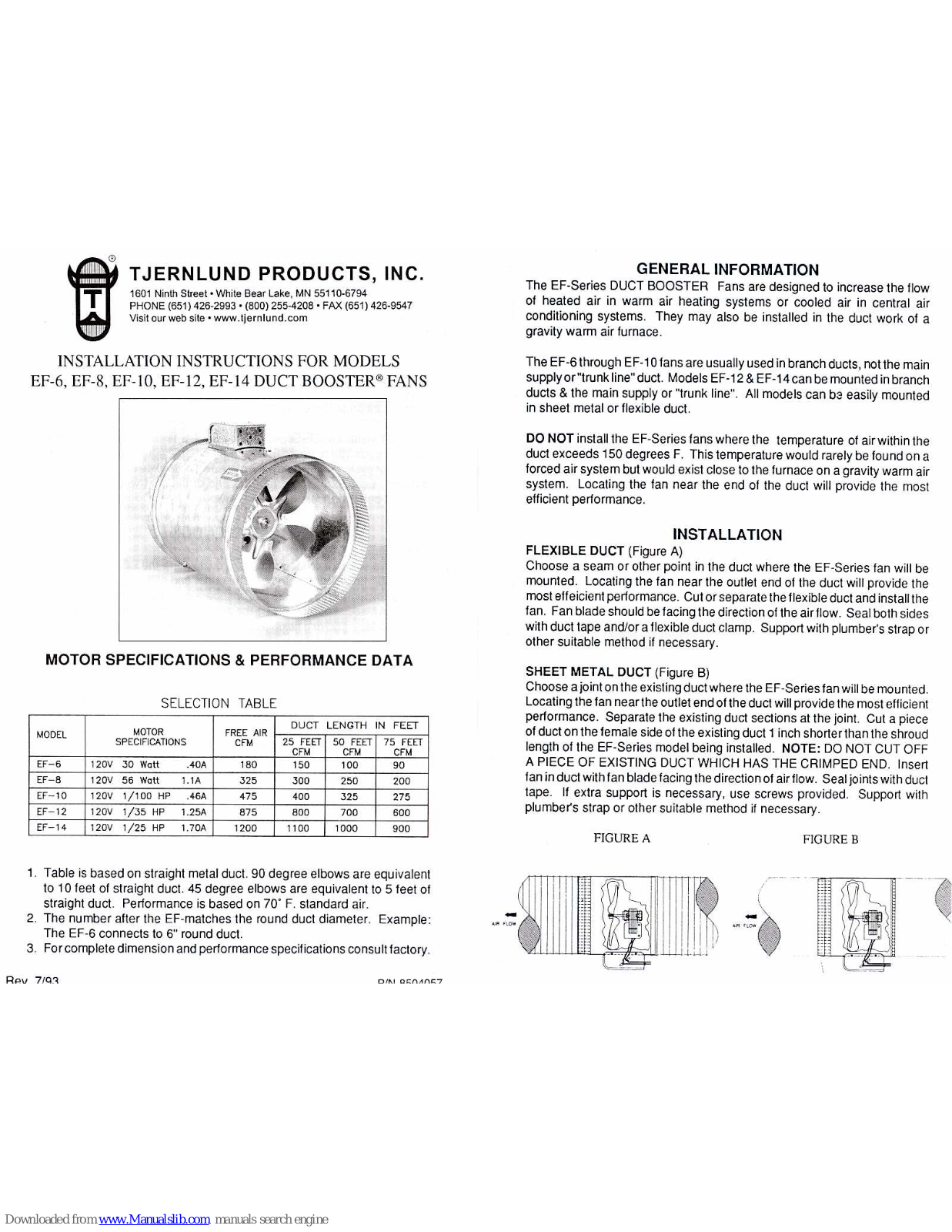 TJERNLUND EF DUCT BOOSTER FANS 8504057 REV.793, EF-6, EF-8, EF-10, EF-12 User Manual