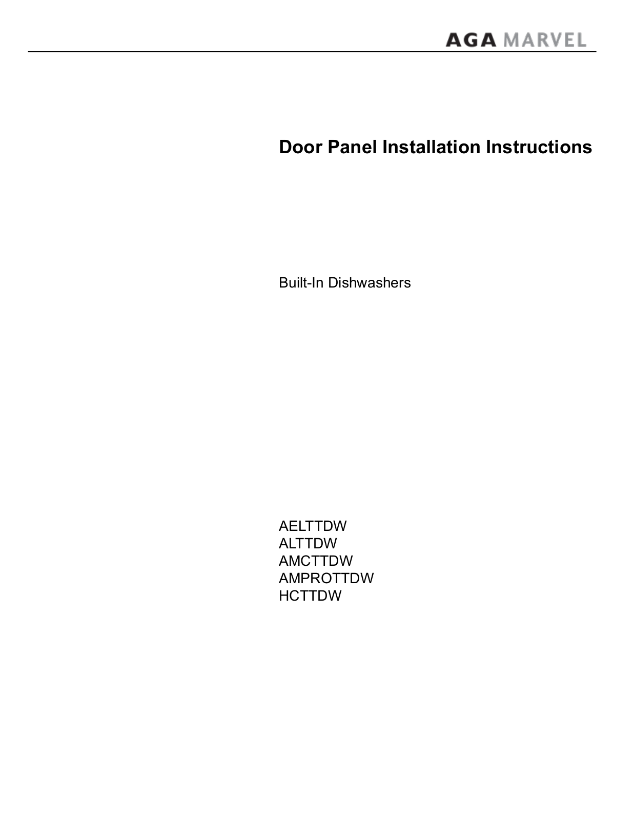 AGA AMCTTDWSS, AMCTTDWSKY Installation Manual