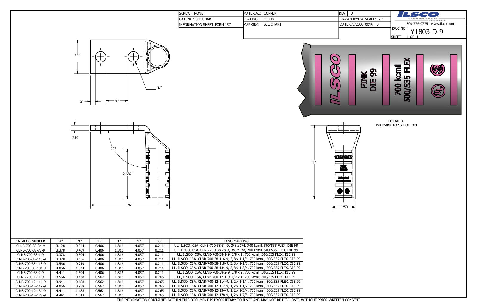 Ilsco CLNB-700-12-112-9 Data sheet