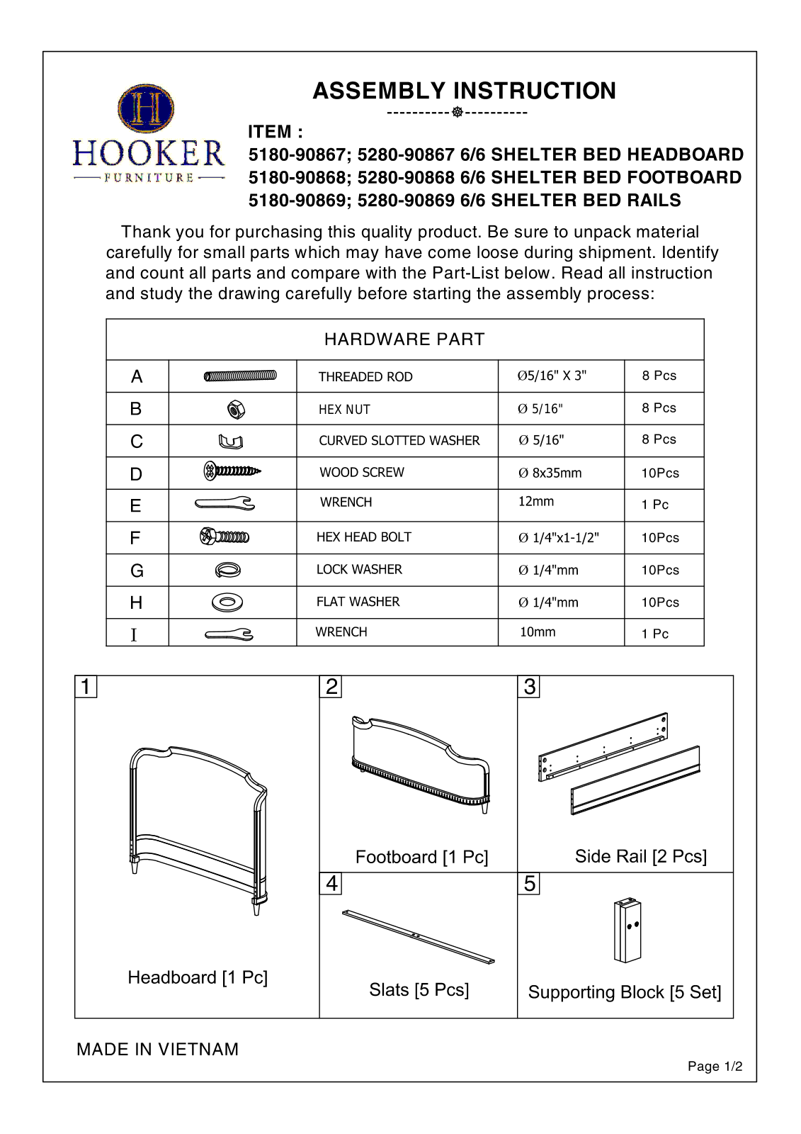 Hooker Furniture 528090866, 5180908BED Assembly Guide