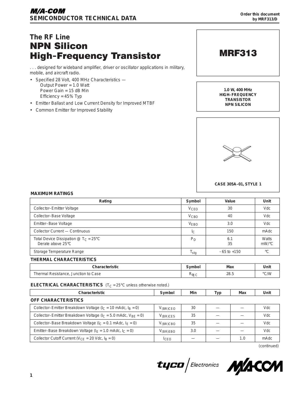 M A COM MRF313 Datasheet