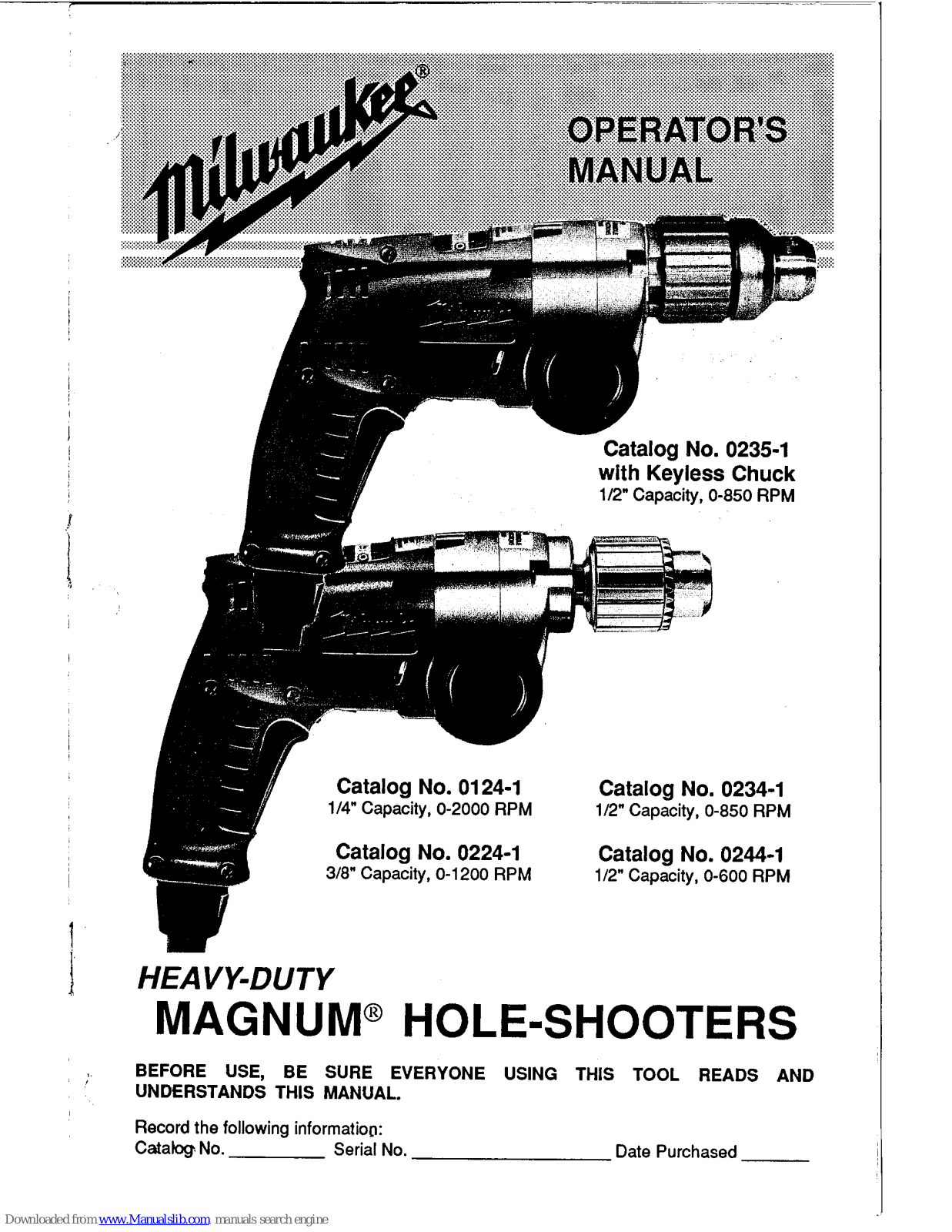 Milwaukee Magnum 0235-1, Magnum 0234-1, Magnum 0224-1, Magnum 0124-1, Magnum 0244-1 Operator's Manual